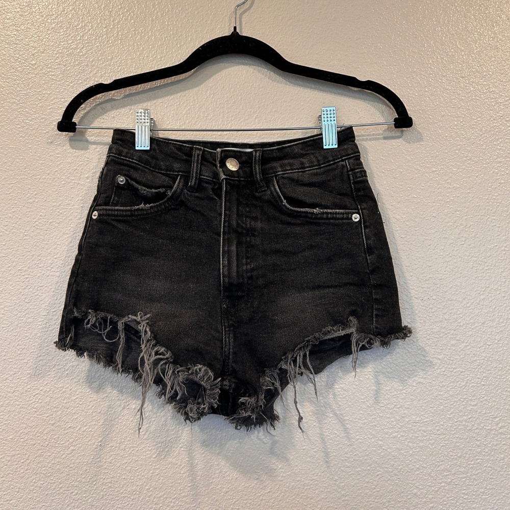 Zara Womens High Waisted Frayed Cut Off Denim Shorts Faded Black Size US‎ 0 22